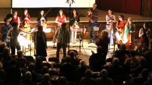 Writer and composer, Malene Skaerved , with Longbow, after the premiere of 'Dogger, Fisher, German Bight, Humber, Thames, Dover, Wight'. Maison Dieu, Dover 11th 2013. 