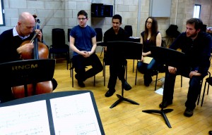 One of the great pleasures is watching my wonderful collaborators/friends at work, inspiring others (and me). Here's Neil Heyde, yesterday morning, working on the new String Quartet by RNCM composer David Curington (at right).