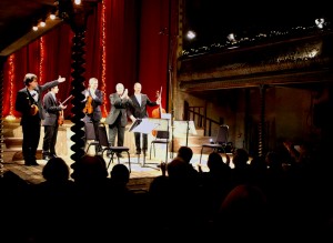 Michael Finnissy, with the Kreutzer Quartet at the Wilton's Music Hall performance. 12 11 13  (Photo Malene Skaerved)