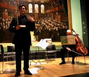 Peter Sheppard Skaerved introducing the Kodaly Duo Op 7, with Neil Heyde. National Portrait Gallery 14 3 14