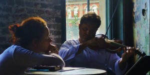 Malene and Peter at work in 2012, on a collaboration bringing together Biber and Storytelling at Wiltons Music Hall